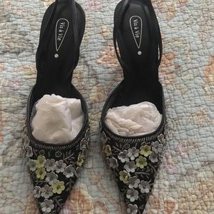 Mesh sling back heels.